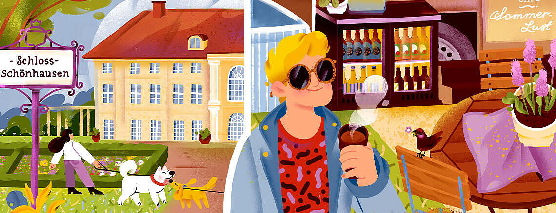 Illustration: Schloss Schönhausen, Person mit einem Kaffee in der Hand, Café-Tische im Freien