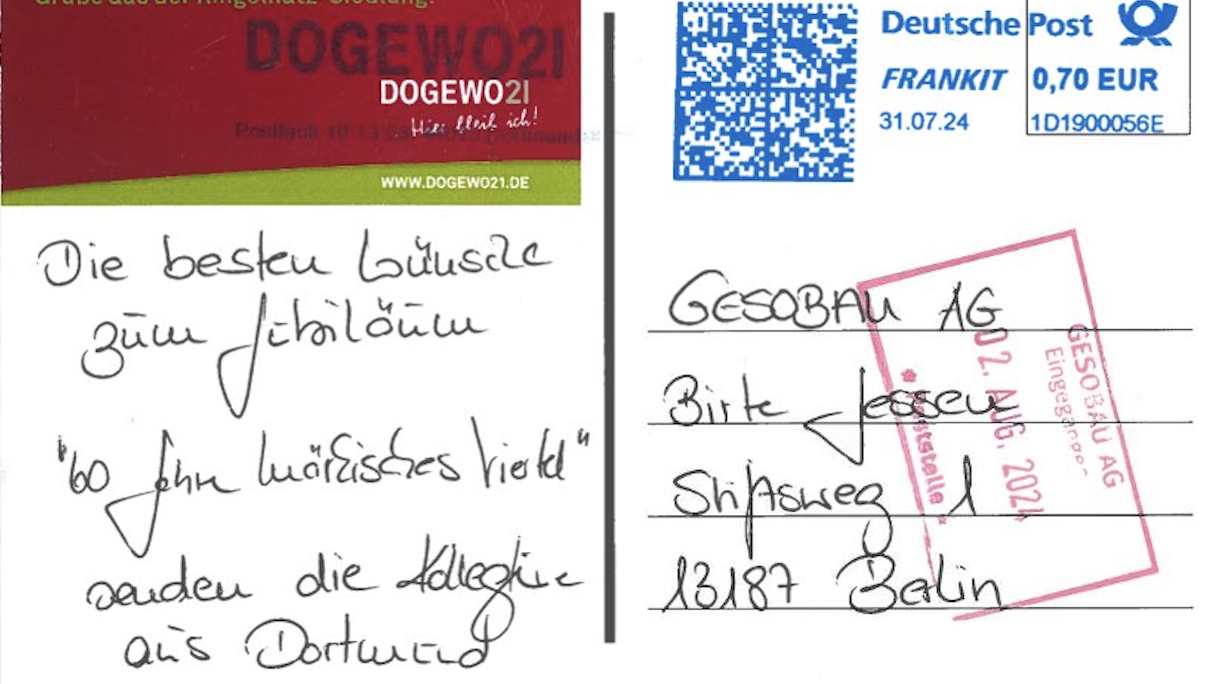 Die Rückseite der Postkarte der DOGEWO21 aus der Ringelnatz-Siedlung in Dortmund