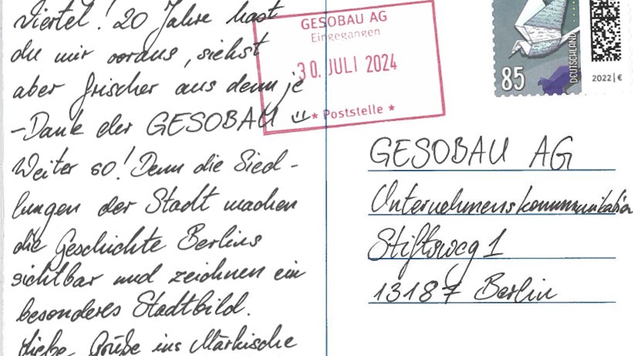 Die Rückseite der Postkarte der HOWOGE aus Hohenschönhausen