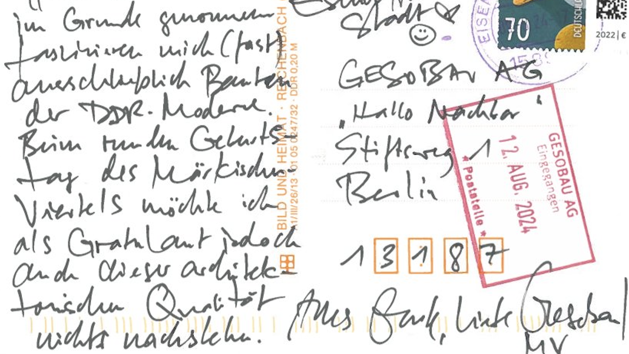 Die Rückseite der Postkarte aus Eisenhüttenstadt von Martin Maleschka