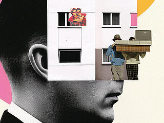 Eine Collage aus mehreren KI-generierten Bildern: Ein Kopf im Profil, Ein Wohnhaus, 2 Personengruppen